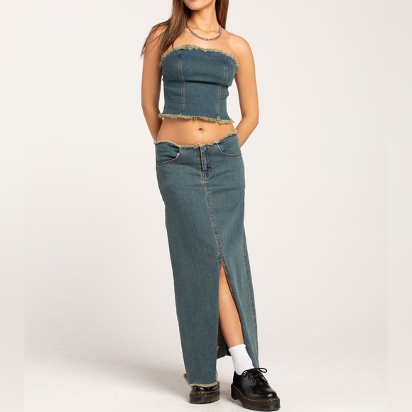 Dolls Kill Dresses & Skirts - Motel | NWT’s Y2K bohemian slit leg denim distressed maxi skirt
